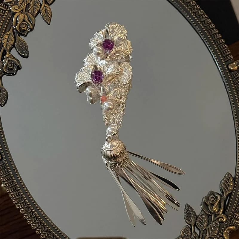 Nuovo stile etnico cinese squisito fermaglio per capelli Ginkgo accenti viola nappe argento accessorio classico per capelli