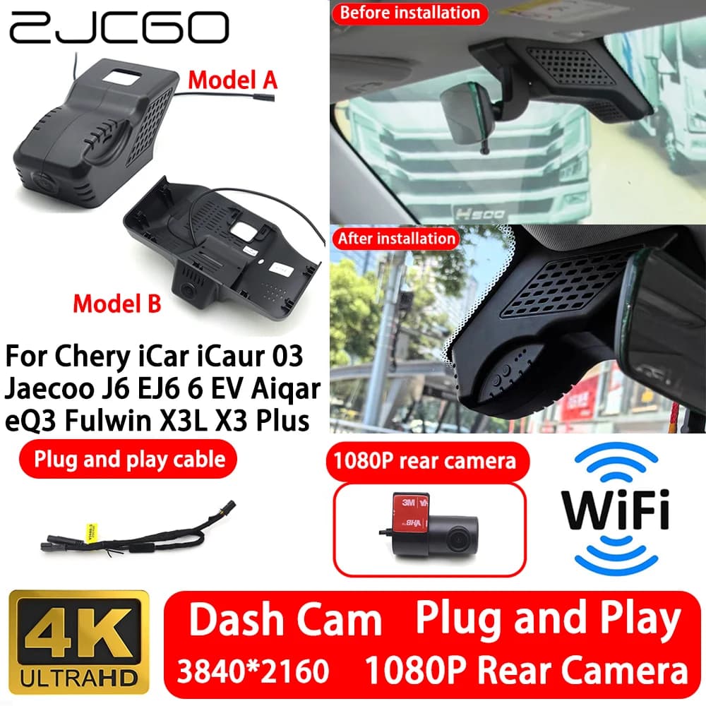 for Chery iCar iCaur 03 Jaecoo J6 EJ6 6 EV Aiqar eQ3 Fulwin X3L X3 Plus 4K 2160P Front Rear Camera Dash Cam Wifi Plug and Play