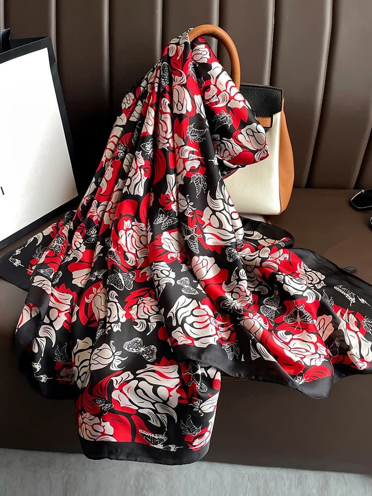 New Elegant Women Silk Scarf Beach Wrap Shawl Vintage Satin Floral Print Sunscreen Bandana Hijab Mujer Boho Scarve Foulard Pareo