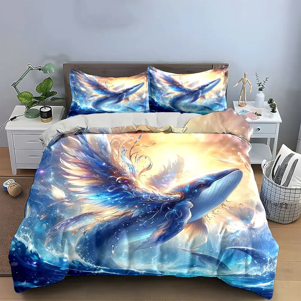 Set di biancheria da letto "Whale Fantasy Art Decor Set" con 1 copripiumino e 2 federe, singolo, matrimoniale, king, queen, regalo
