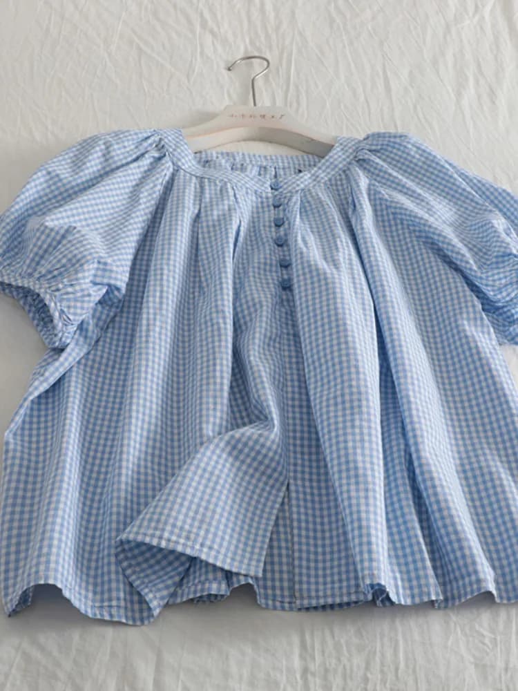 Japanese Plaid Short Sleeve Doll Shirt Women Summer Design Bubble Sleeve Sweet Youth round Neck Loose Top Vintage Commute Style