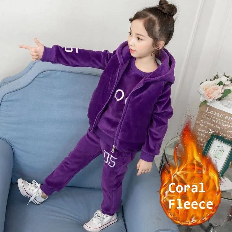 Ragazze di inverno caldo pile di corallo alfabeto zip gilet + felpa + pantaloni set scuola bambini 3 pezzi tuta bambino lavoro outfit 5-14 anni