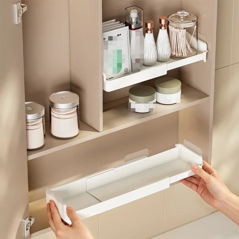 Adjustable Expandable Plastic Mirror Cabinet Storage Shelf, Divider Organizer, Rack for Bathroom, Kitchen, Bedroom, Desktop