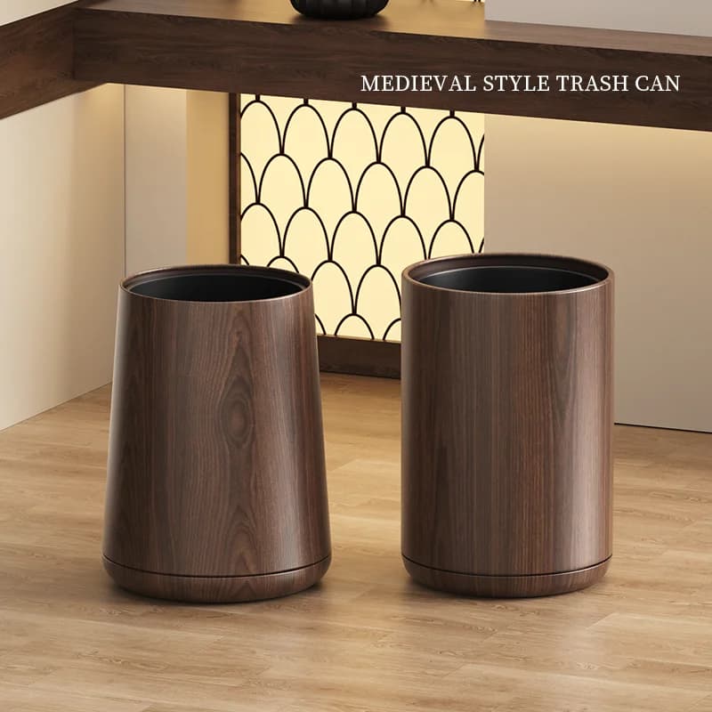 Leasylife Vintage Trash Can Walnut Wood Pattern WasteBasket Metal Body Garbage Can for Bathroom Living Room Home