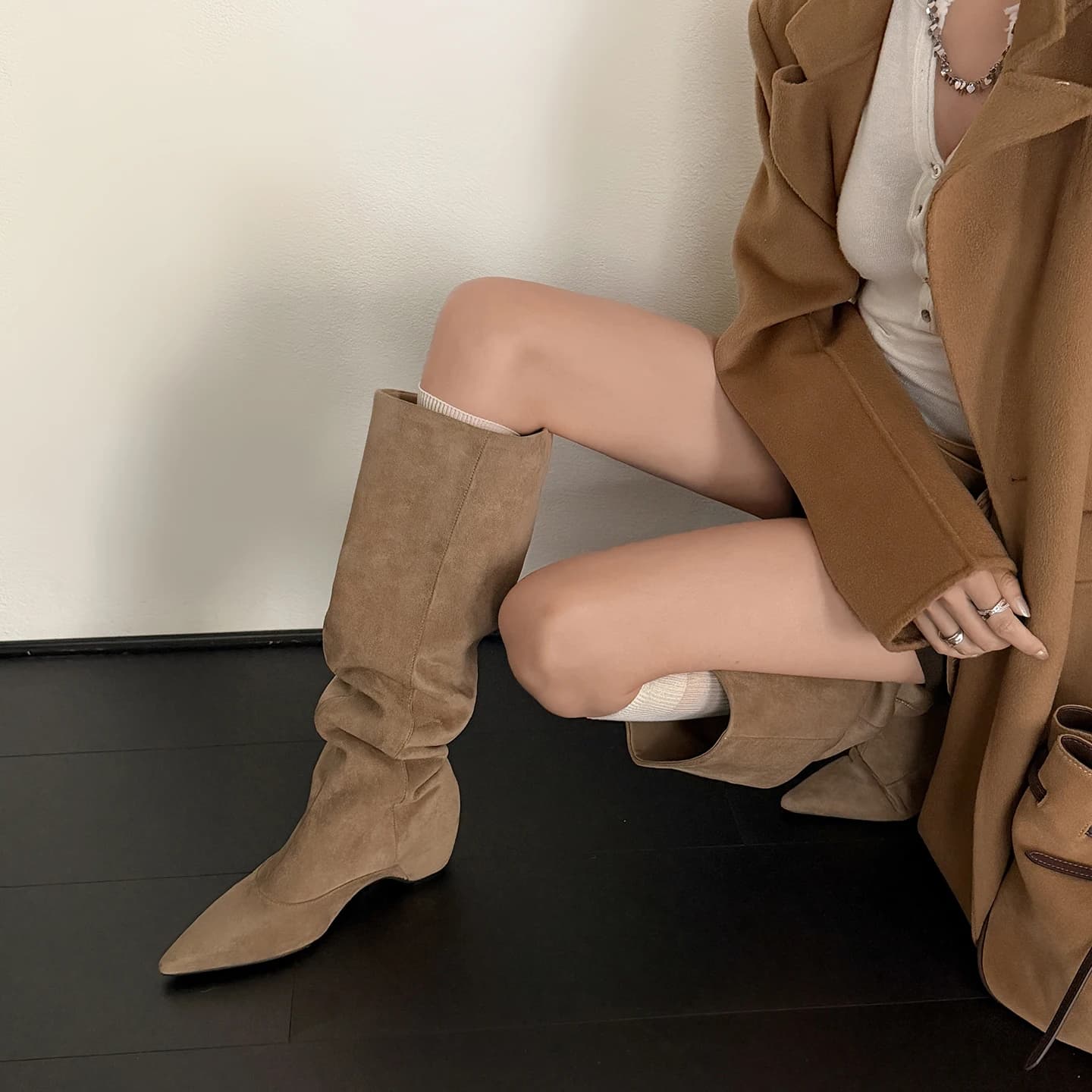 Genuine Leather Women's Shoes Weave Knee High Boots Fashion Wedge High Heels Sexy Pointed Toe Dress Work Long Boots Size 34-40