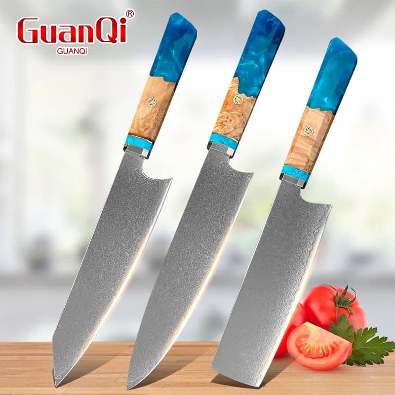 Blue Resin Wood Handle VG10 Damascus Steel Chef's Knife Sharp Blade Slicing Knife for Meat Veggies Fruit Kitchen Accessories