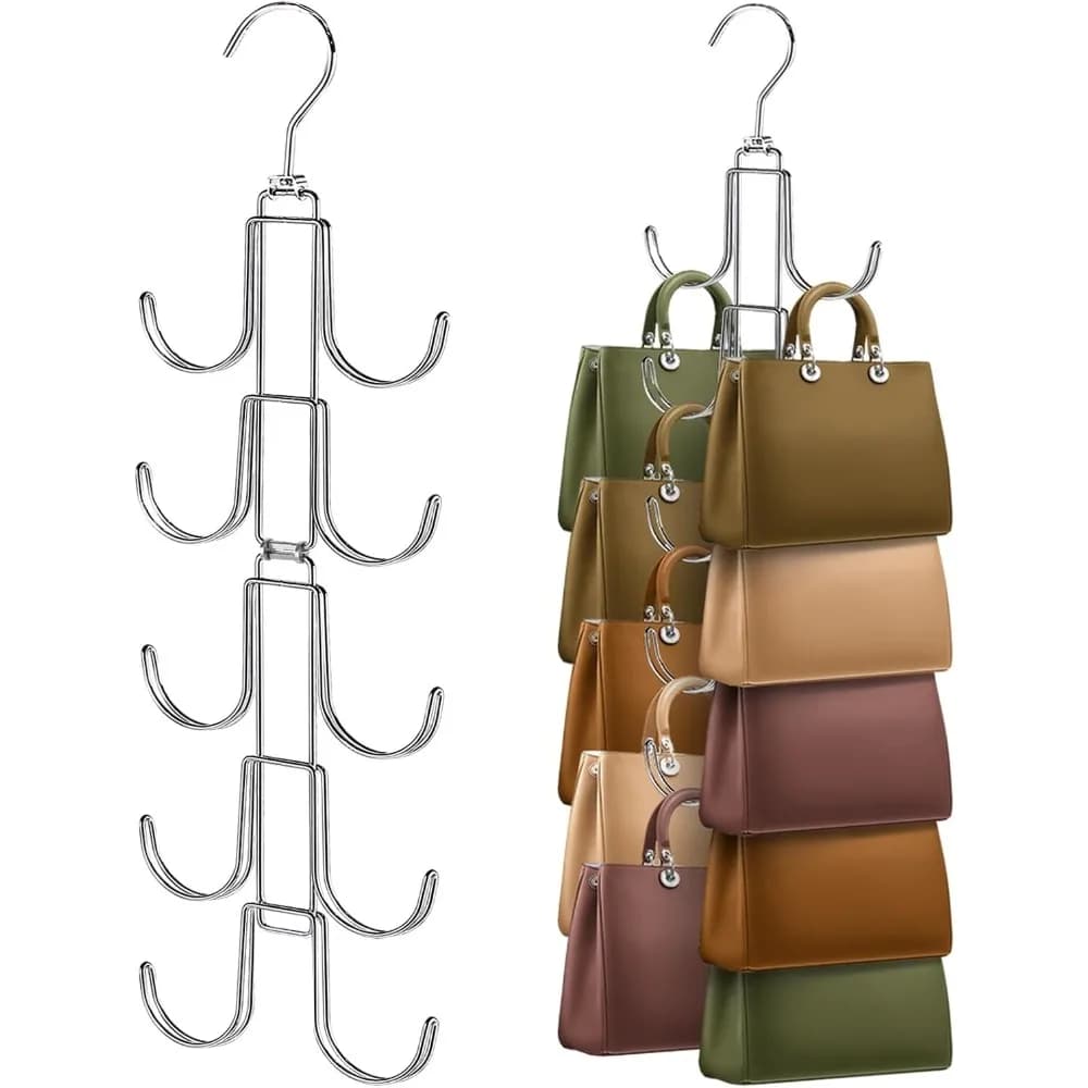 New Upgraded 360 Degree Rotating Purse Hanger Organizer for Closet with 10 Large Hooks Collapsible Space Saving Display Rack for Handbags Belts Scarves Ties