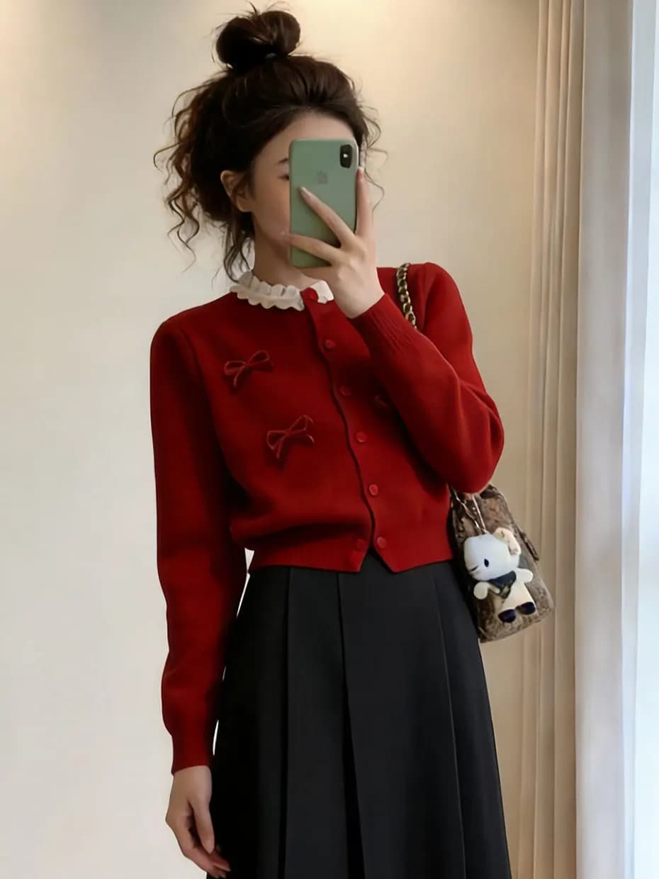 Elegante Completo Gonna Lavorata a Maglia Rossa, Essenziale per il Guardaroba Primaverile Femminile, Stile Coreano, Alta Moda, Ensemble per il Capodanno