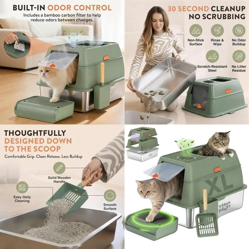Lettiera per Gatti Grande in Acciaio Inossidabile con Recinzione e Paletta - Metallo Resistente, Bordi Alti, Anti-Perdita, Anti-Odore, Antiaderente