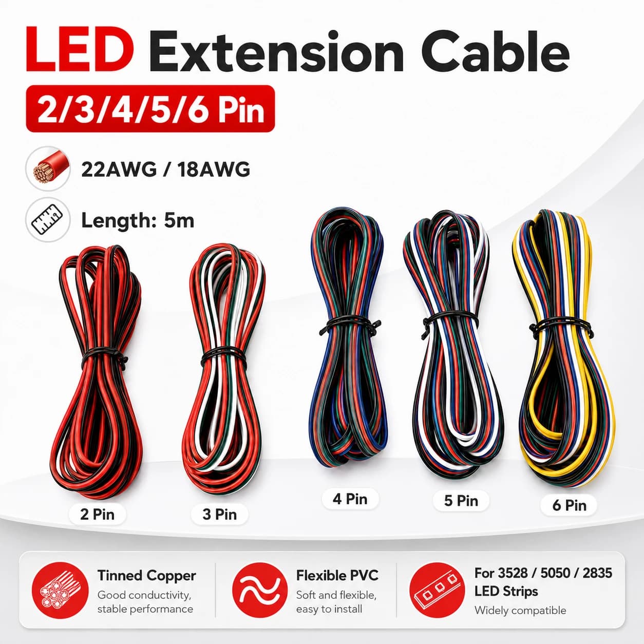 5M 2-6Pin 18AWG 22AWG LED Wire, Extension Connector Cable for RGB 3528 2835 LED Strip, 5m Electric Cord