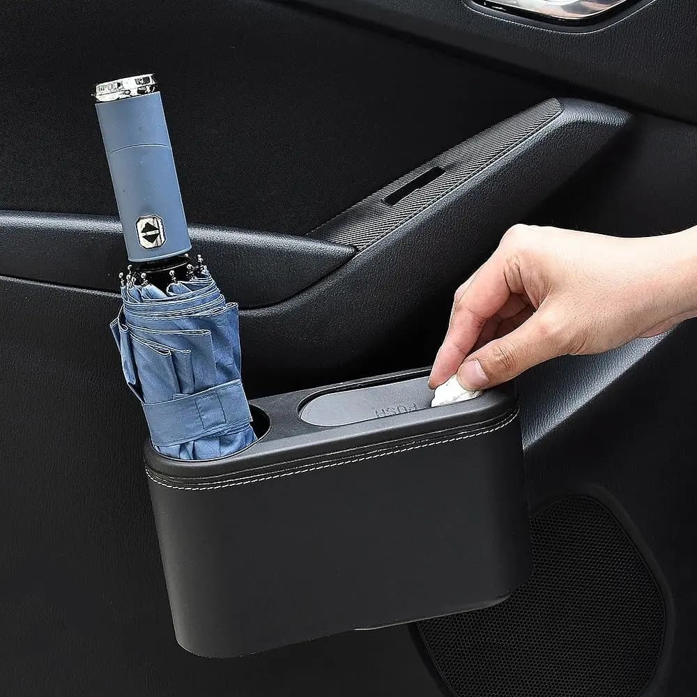 Cestino Multifunzionale per Auto, Portabicchieri e Contenitore Rifiuti 2-in-1 con Coperchio, Organizer Auto Impermeabile da Appendere