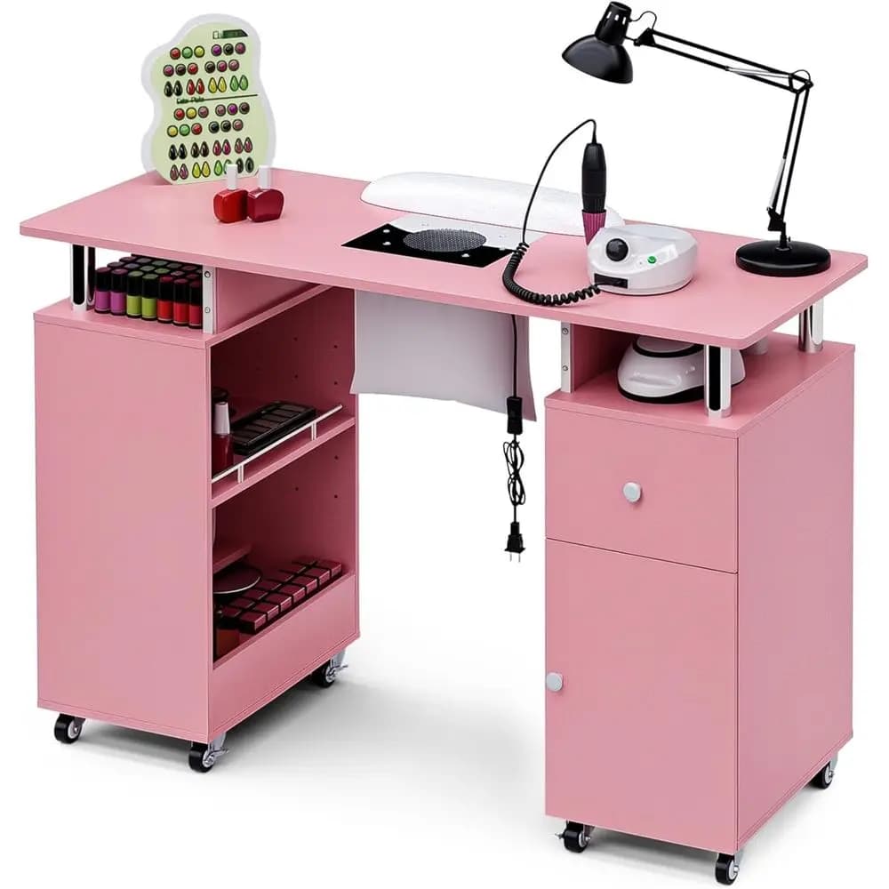 Tavolo per Manicure o Postazione per Tecnico delle Unghie, Resistente all'Acetone, con Aspiratore di Polvere, Poggiapolsi, Ruote Bloccabili, Der