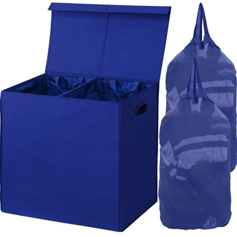 Double basket with lid and removable bags, dark blue