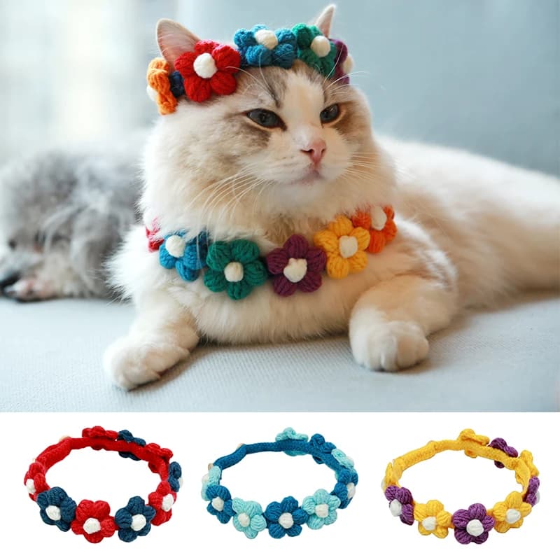 Collari per animali domestici intrecciati a mano con uncinetti colorati con piccoli fiori, bavaglini per gatti, collari per cani, collari Shiba Inu e anelli per il collo