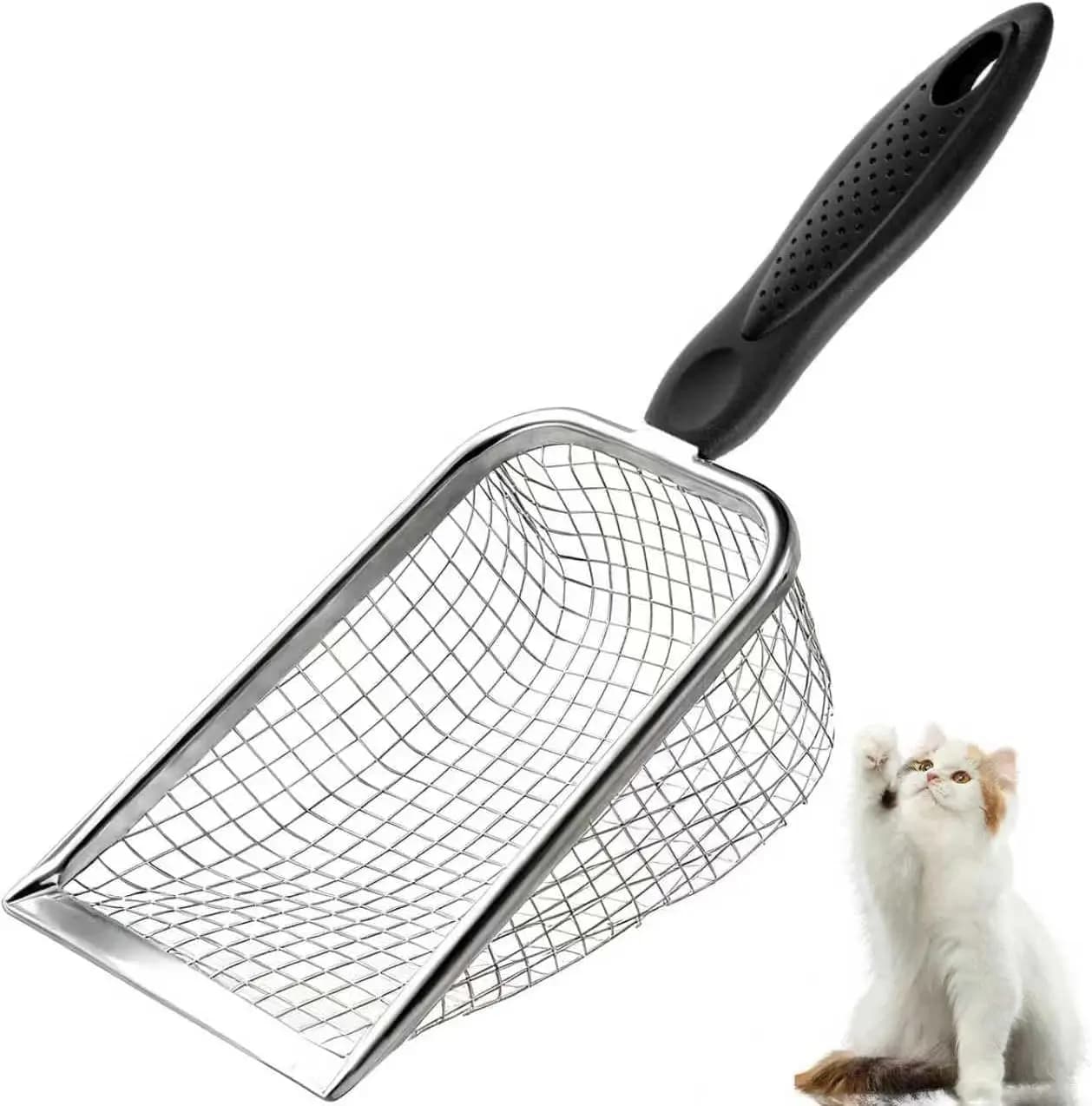 Paletta per lettiera per gatti con manico lungo, rete in acciaio inossidabile, impugnatura antiscivolo, paletta profonda per tutti i tipi di lettiera, facile da pulire (Rosso)