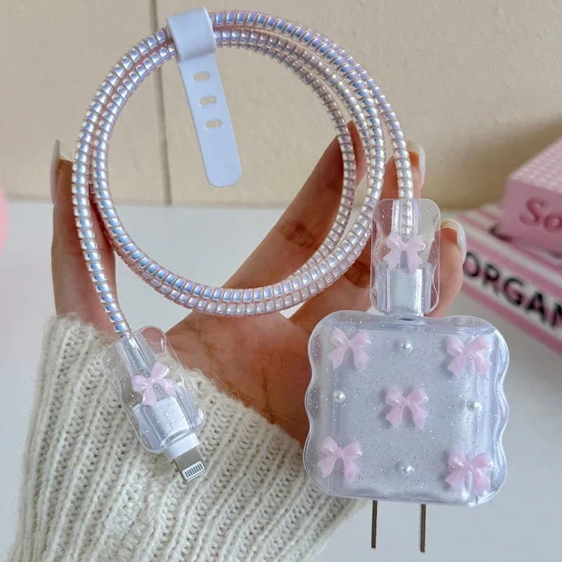 Custodia protettiva per caricabatterie per cellulare con fiocco 3D rosa trasparente per Apple IPhone 18 / 20W Protezioni per cavi avvolgicavo laser