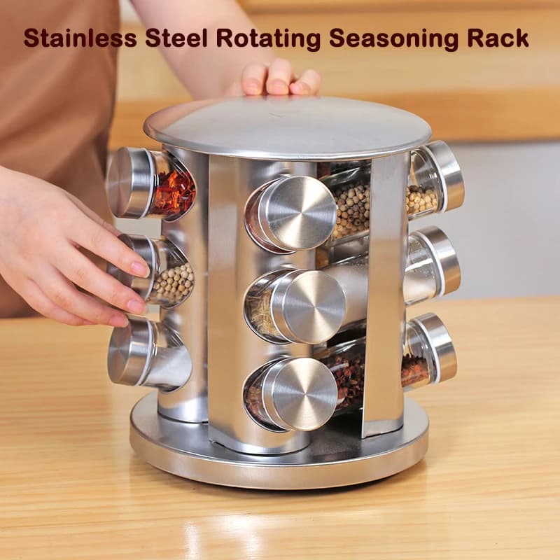 Scaffale per condimenti rotante in acciaio inossidabile Set di barattoli per condimenti per forniture da cucina strumenti per erbe e spezie barattolo per spezie in vetro scaffale per condimenti
