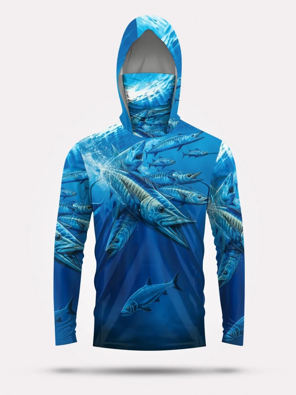 T-shirt a maniche lunghe con cappuccio da uomo, stampa a scaglie di pesce, comoda e traspirante, per la pesca estiva, casual da esterno