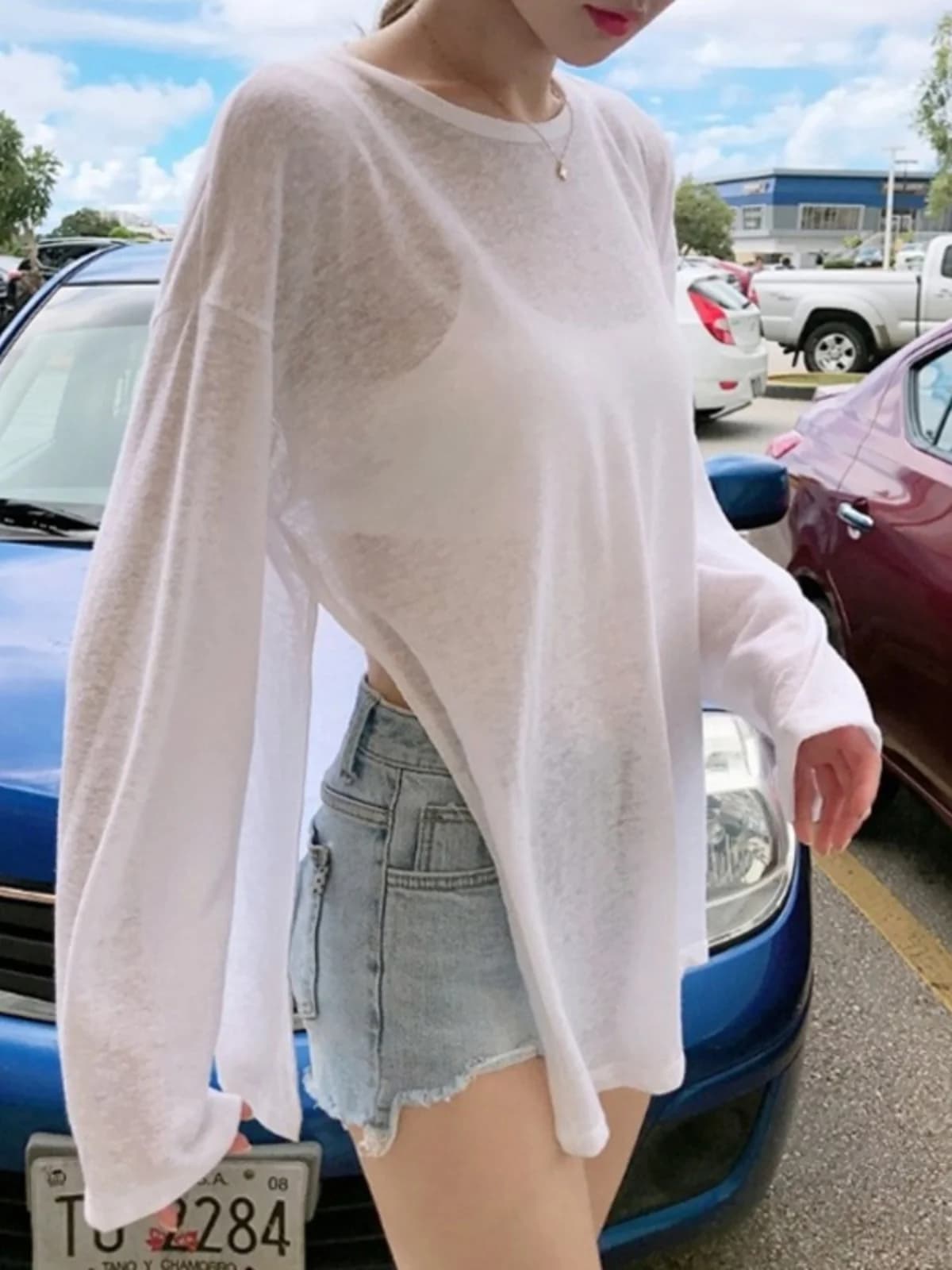 Summer Women's round Neck Hollow out Long Sleeve T-Shirt Lightweight Loose Fit UV Protection Cover up Korean Style Cotton Blend