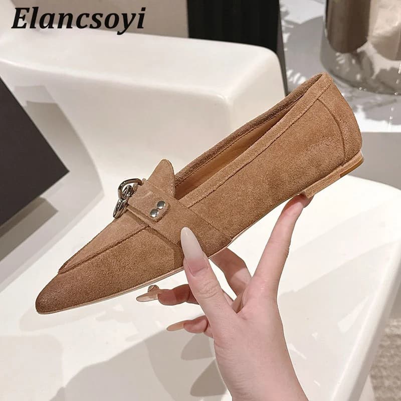 Lazy Loafers Women Suede Metal Rivet Pointed Toe Flat Shoes Shallow Mouth Single Shoes Spring Autumn Fashion Walking Shoes