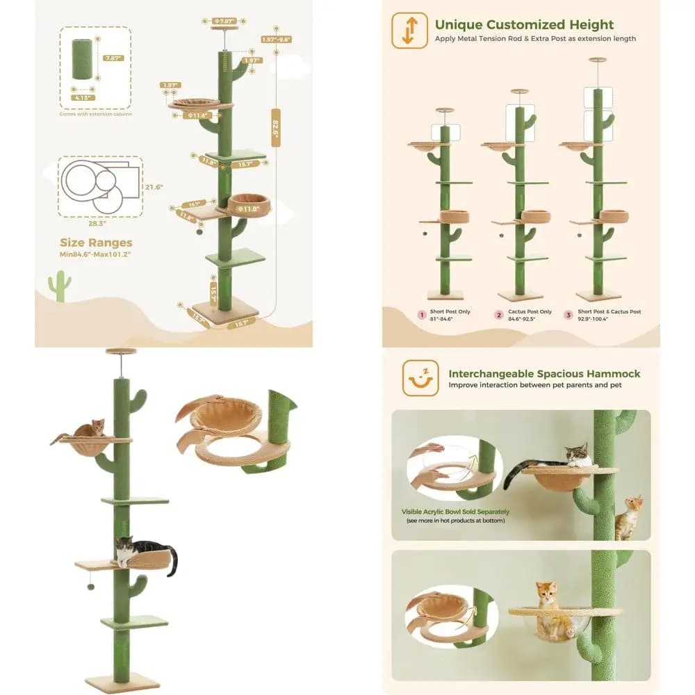 Torre per Gatti Stile Cactus Regolabile in Altezza 87-100 cm a 5 Livelli con Piattaforma, Amaca e Ciotola in Acrilico, Verde