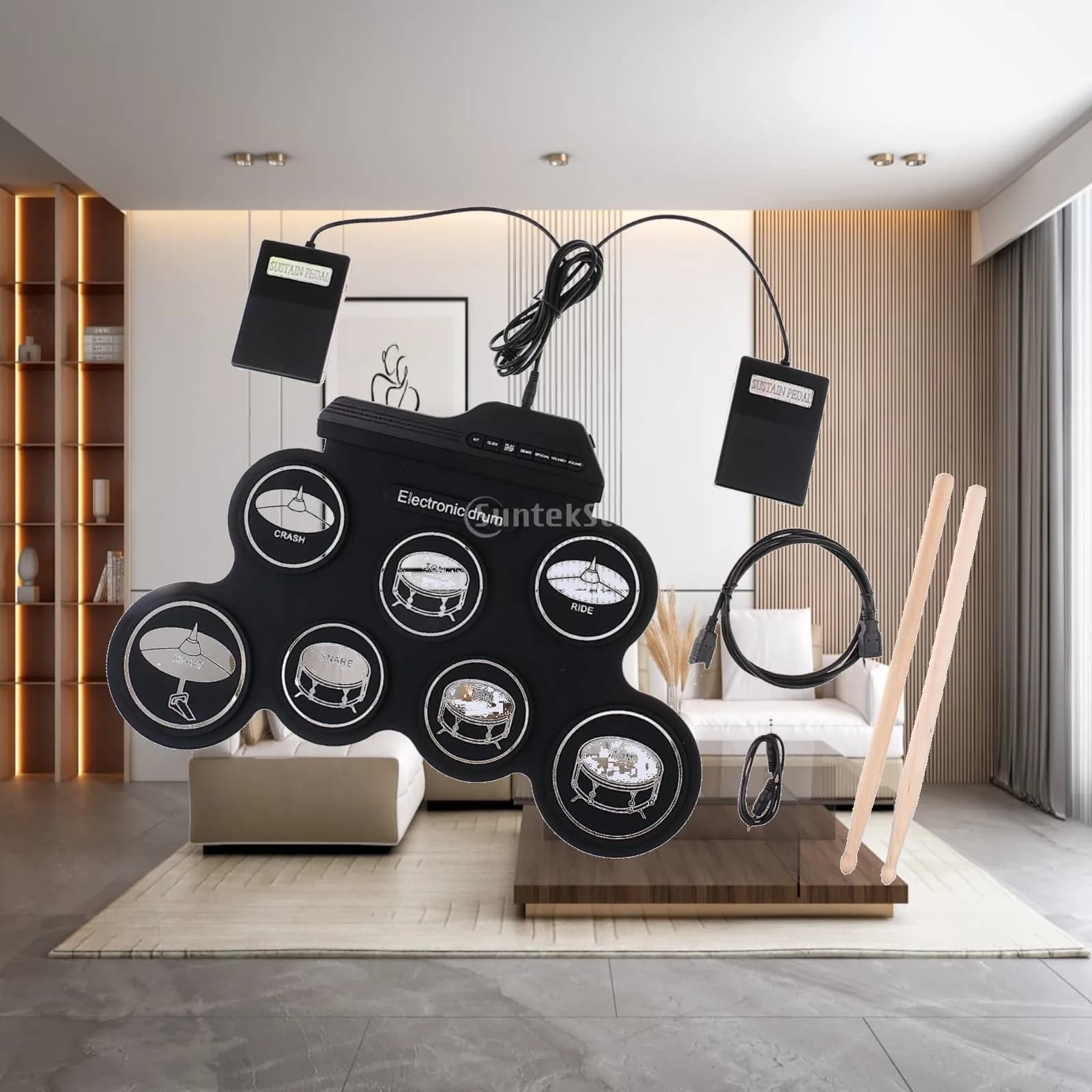 7 Pad Electric Drum Set Multifunction Roll Up Electronic Percussion Instrument for Band Rehearsal Studio and Travel