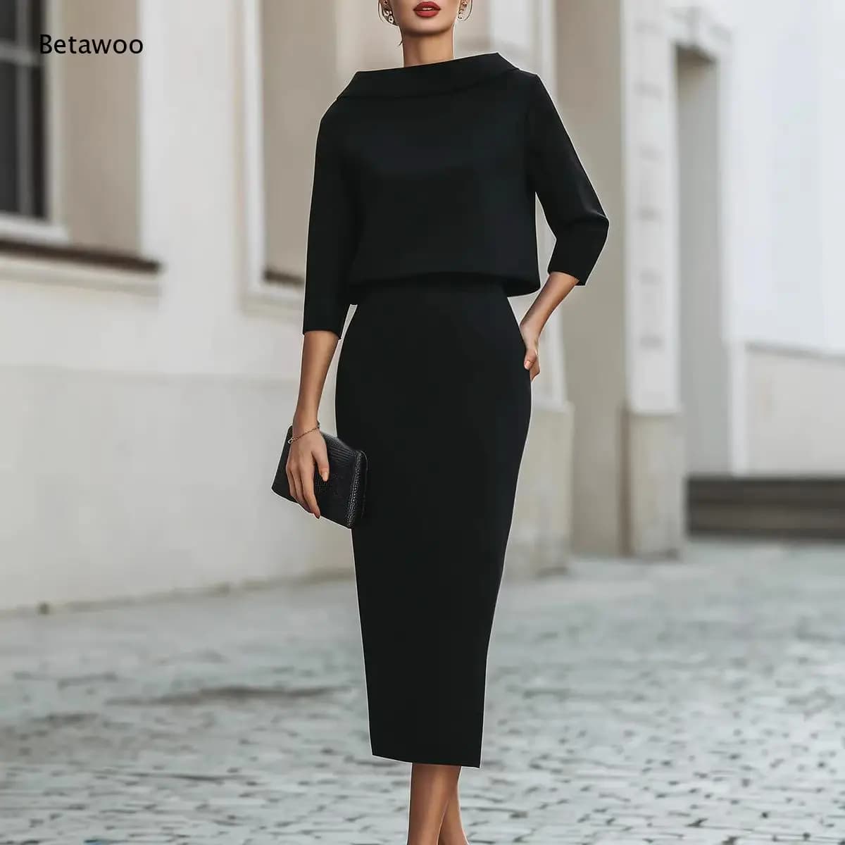 Women Off Shoulder Three Quarter Sleeve Crop Top and High Waist Midi Pencil Skirt Two Piece Set