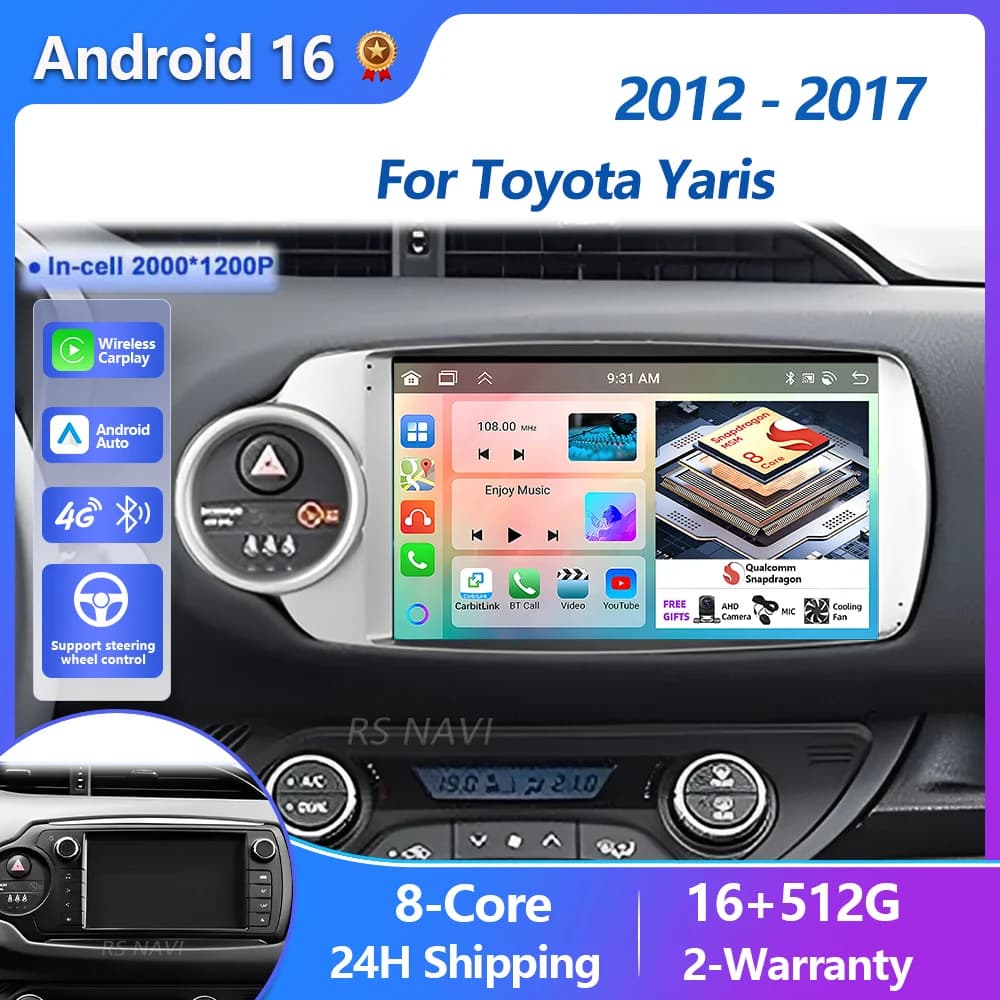 Autoradio Android 16 Carplay 2K Plug and Play per Toyota Yaris 2012-2017, Navigatore GPS, Lettore Multimediale Stereo, Wi-Fi, Bluetooth, Auto