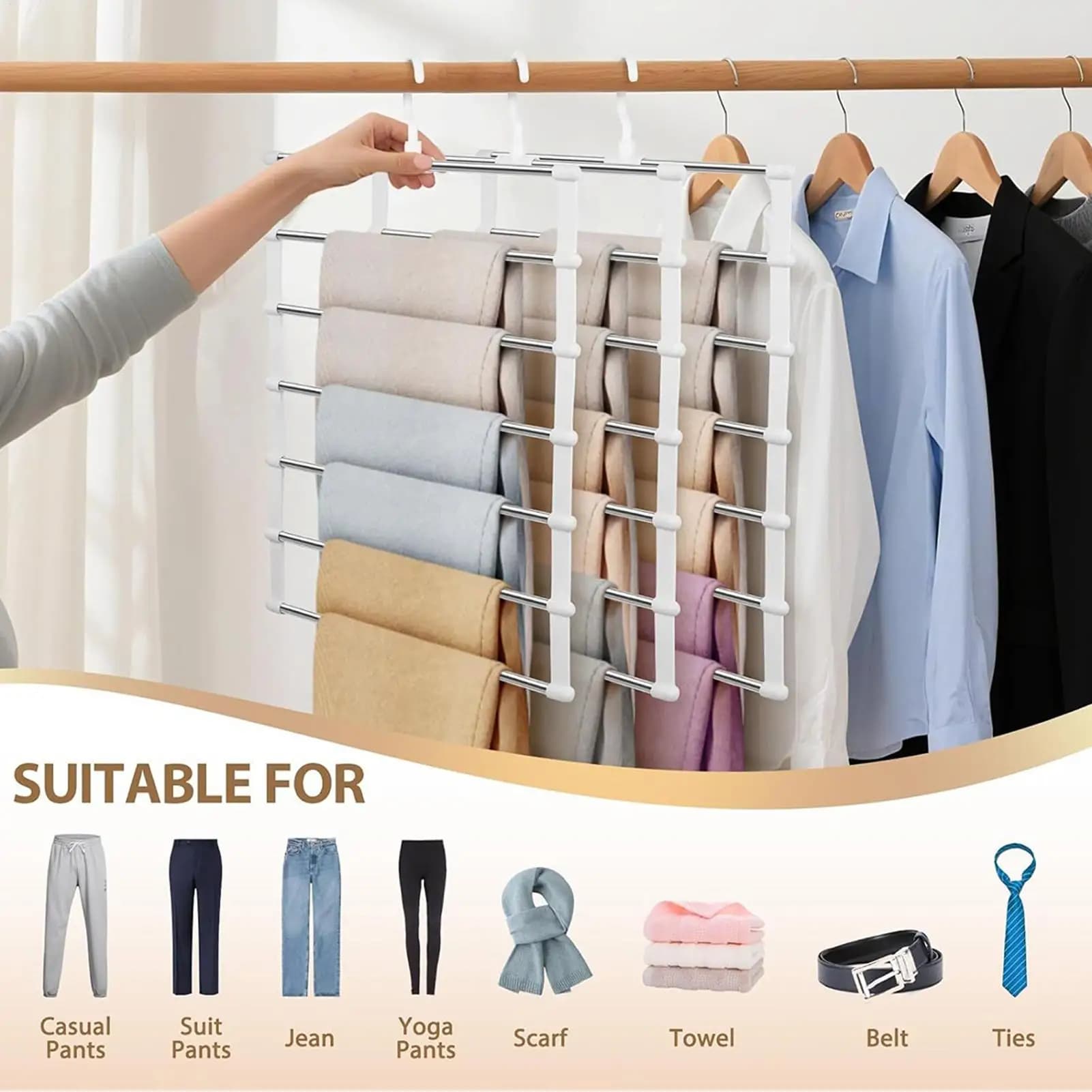 6 Layers Stainless Steel Trouser Hanger, Magic Pants Holder, Space Saving, Clothes Organizer, Foldable, For Wardrobe
