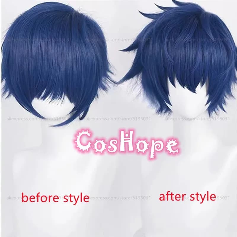 Sazanami Jun 32 cm Blu Scuro Anime Parrucche Cosplay Parrucca Sintetica Resistente al Calore Halloweenk;3,c'5.b;8'