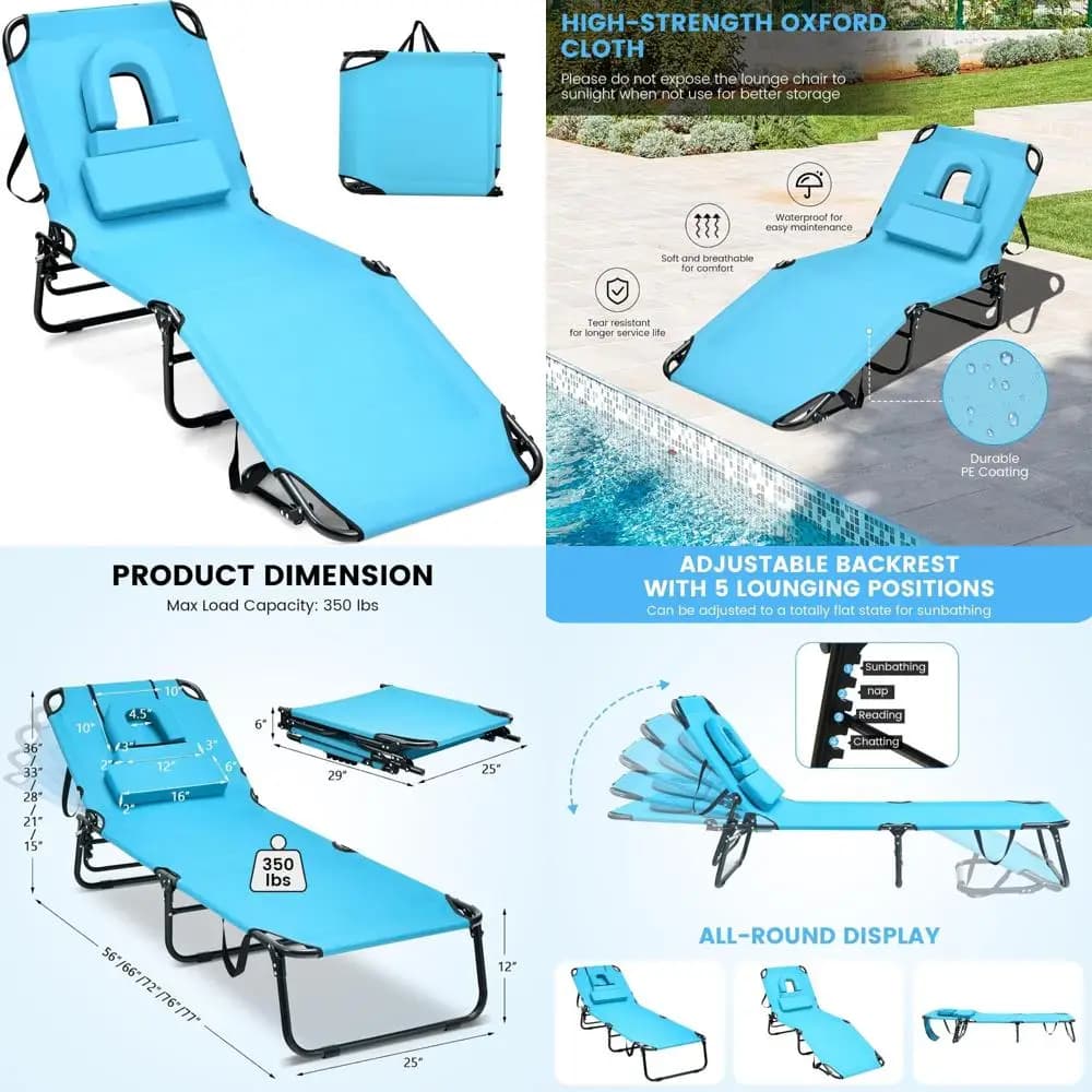 Chaise folding longue adjustable for beach with face hole, washable cushion, transport belt, supports up to 350 pounds