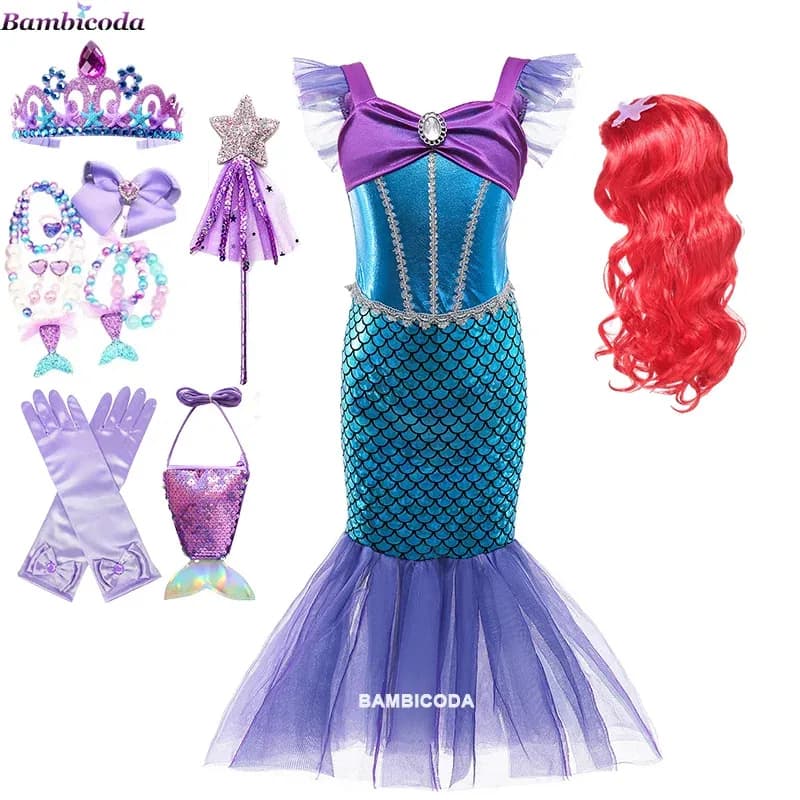 Sirenetta Ariel Costume da principessa Bambini Abito viola per ragazze Cosplay Bambini Carnevale Festa di compleanno Abito da sirena