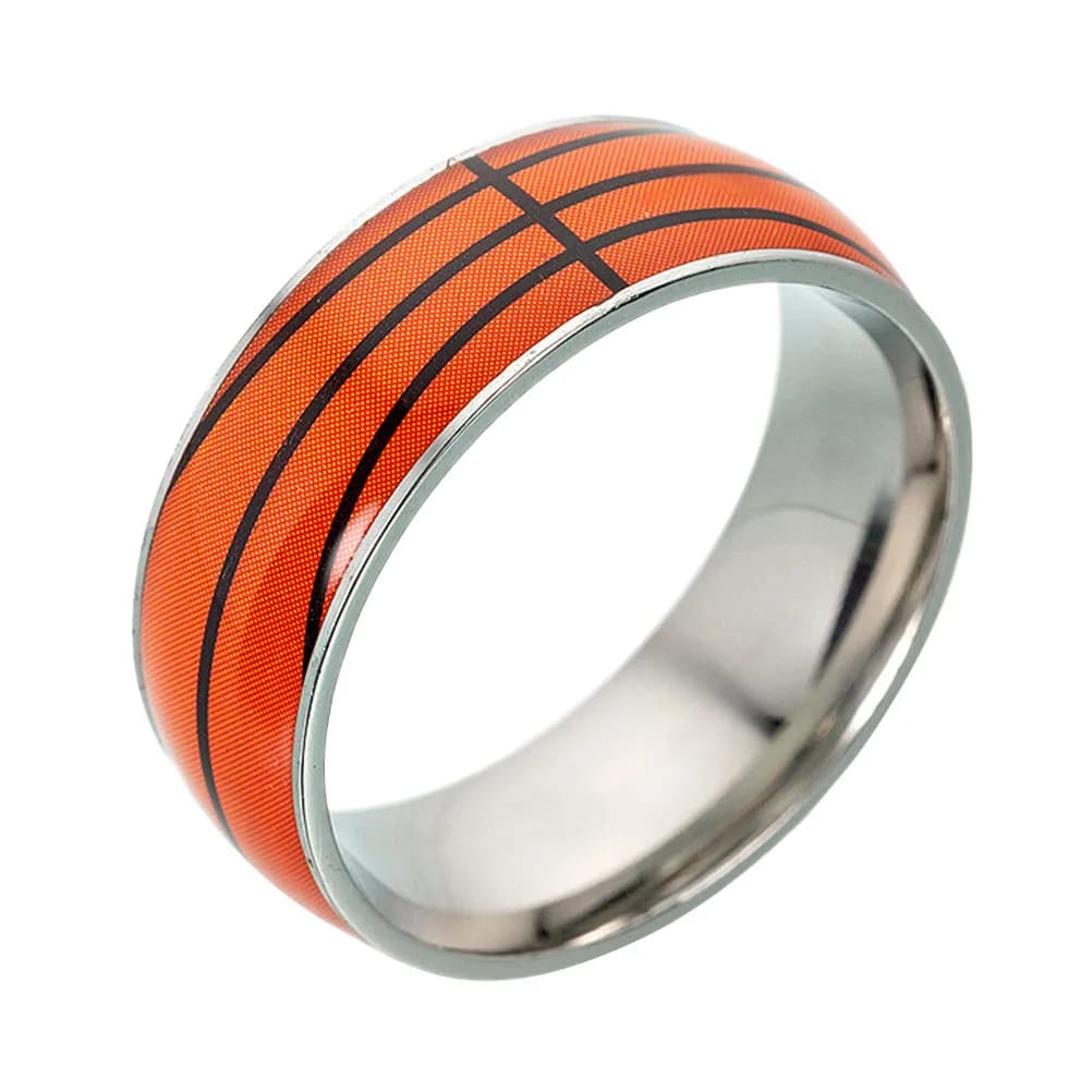 Basket Ball Printed Titanium Steel Ring Size 7 Orange Creative Metal Uv Printed Finger Ring for Men Athletes Stylish Basketball