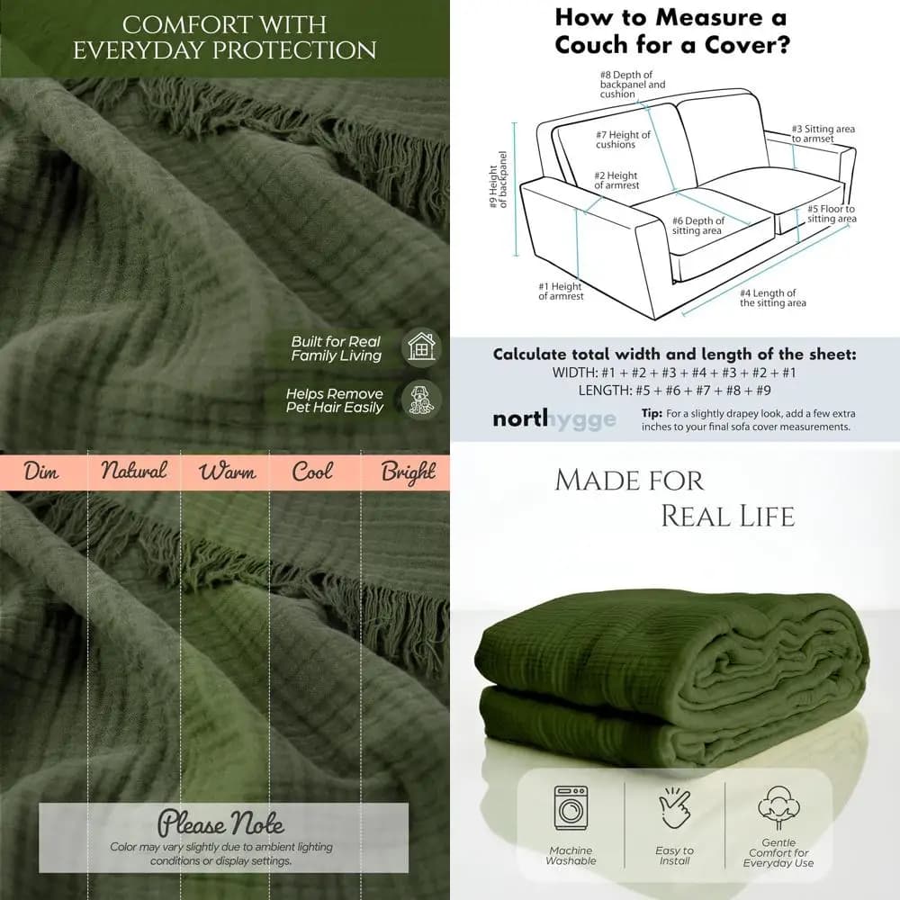 100% Washable Cover for Sofa, Sofa, Sofa, Sofa - Boho Style 4 Layers in Mussola (Verde, 91x134/230x340cm)