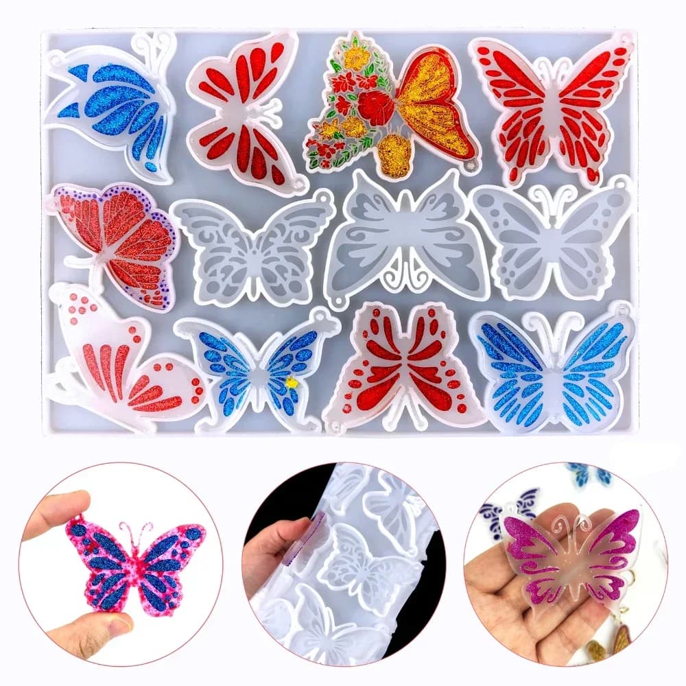 Butterfly Keychain Silicone Mold 12 Unique Epoxy Resin Jewelry Molds with Pre Drilled Holes for Handmade Pendant Accessories
