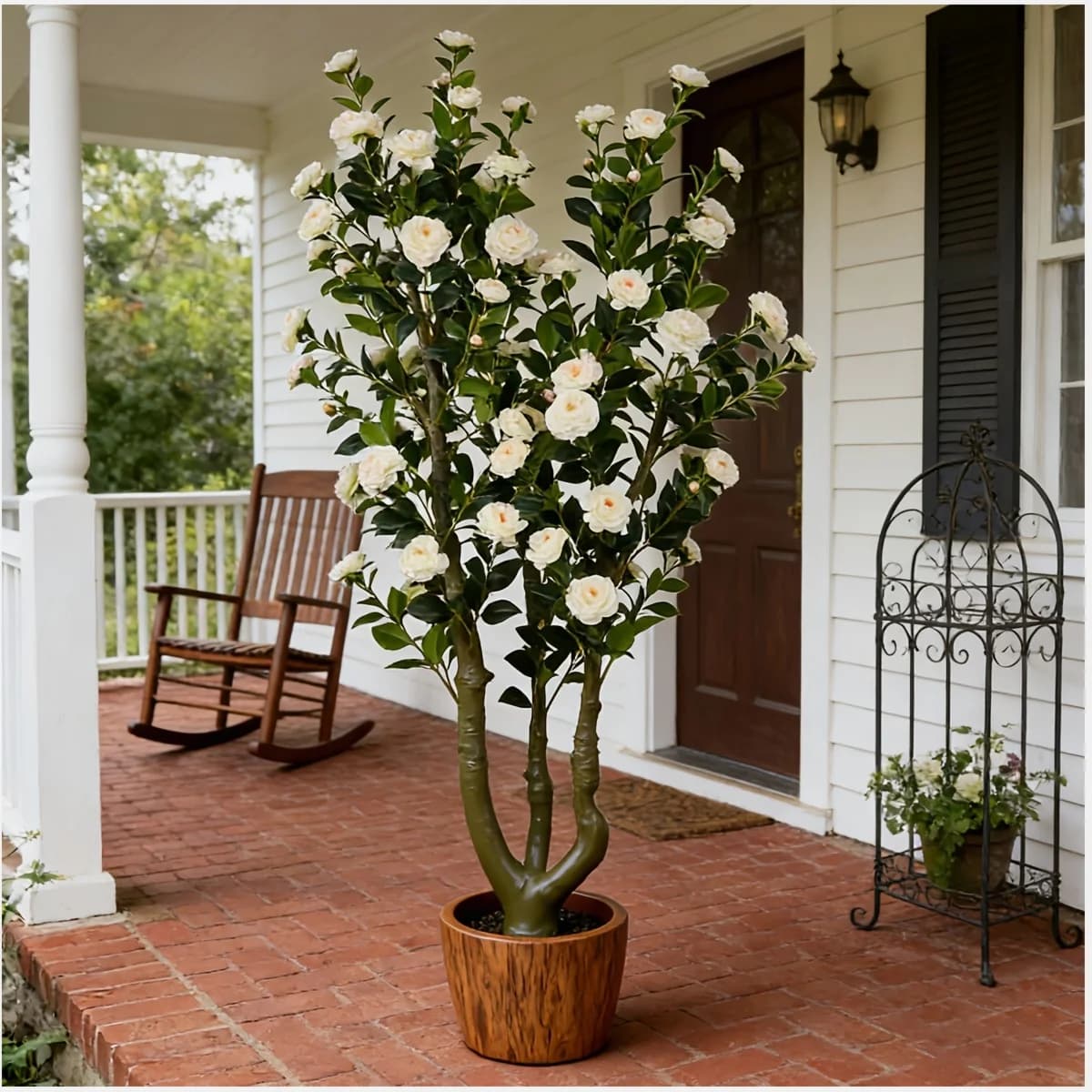 7ft Artificial Camellia Tree with Realistic White Blooms – Lifelike Green Faux Potted Plant for Indoor & Outdoor Decor, Suitable
