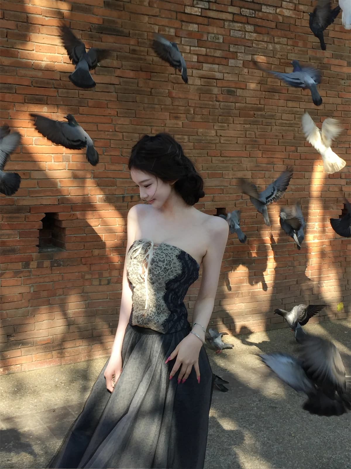 Kikimy Ballet on Ruins Set da Donna con Top Senza Spalline in Pizzo Ricamato Vintage e Gonna Multistrato Pesante, Ensemble di Moda