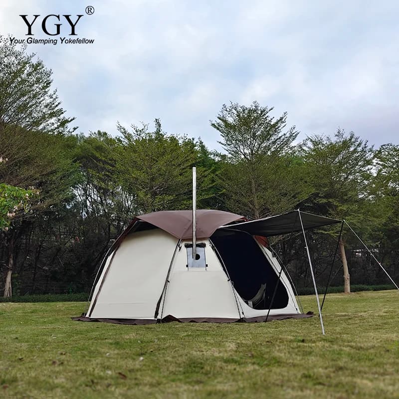 YGY Tenda a cupola per emisfero da campeggio all'aperto con cric per tubo da stufa, rivestimento in PU nero, tenda da campeggio per famiglie per 6-8 persone