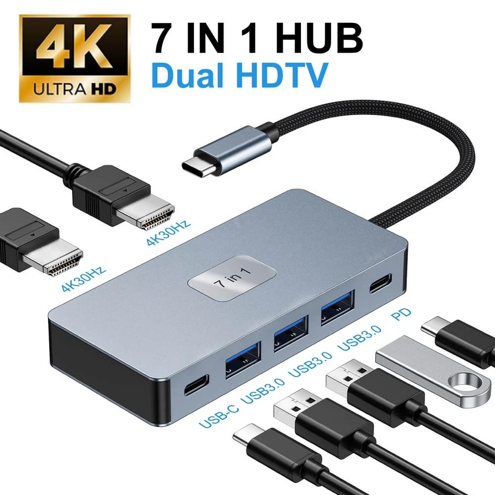 Docking station USB C Hub 7 in1, doppio adattatore HDTV 4K, 3 USB 3.0 5 Gbps, porta dati USB C, caricabatterie PD da 100 W per MacBook Dell HP