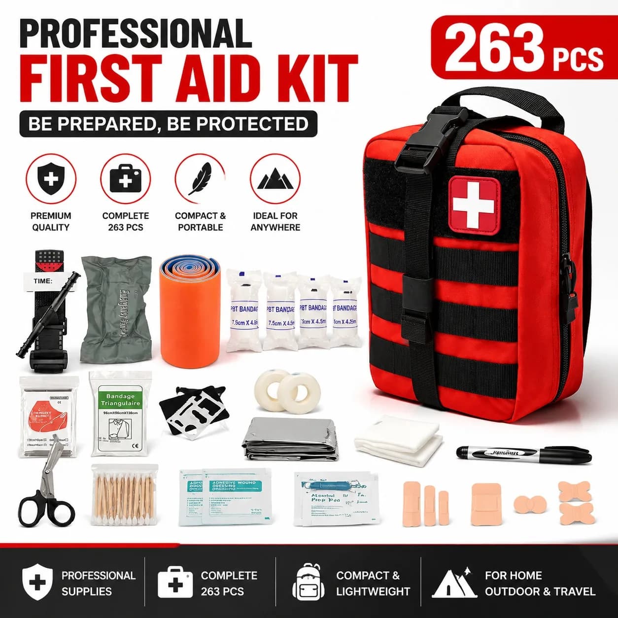 263pcs Portable Compact First Aid Kit with Emergency Survival - Suitable for Home, Camping, School & Travel