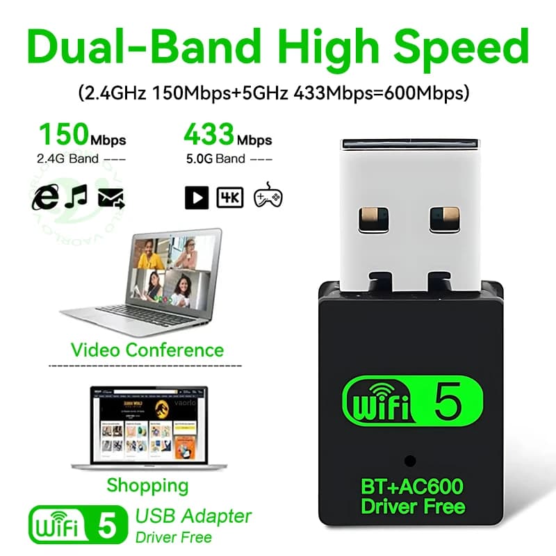 Adattatore Bluetooth WiFi USB 600Mbps 2 IN 1 Dongle Wi-Fi dual band 2.4G/5GHz Ricevitore scheda di rete wireless ad alta velocità PC portatile