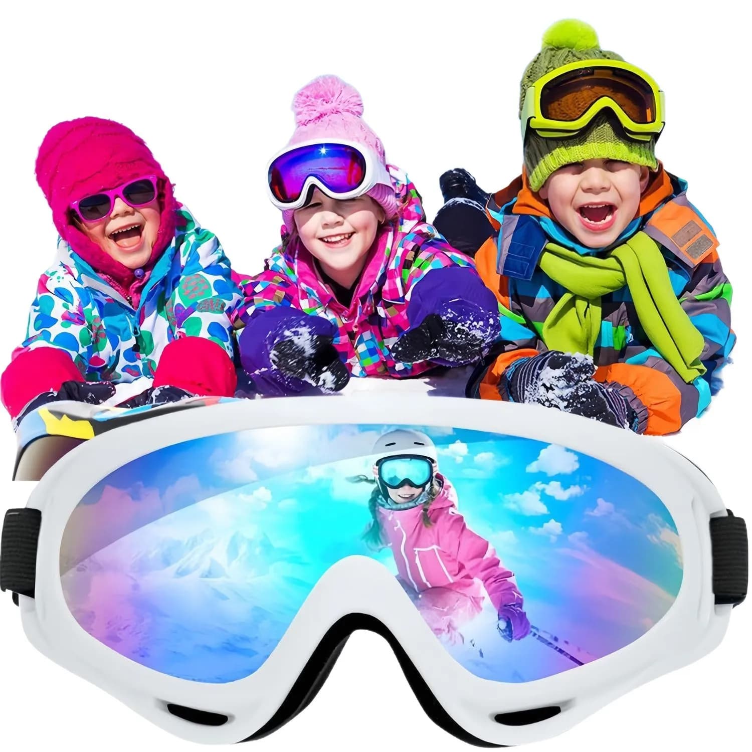 Occhiali da sci per bambini con doppia lente antiappannamento, protezione UV400 contro l'accecamento da neve, cinturino regolabile per ragazzi e ragazze