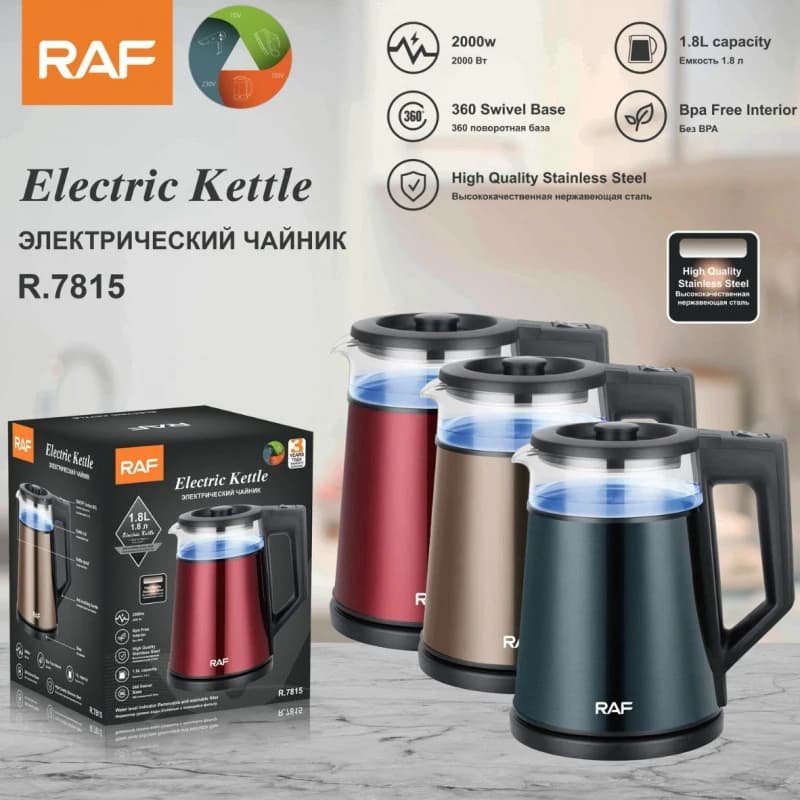 Bollitore elettrico RAFVisual con vetro a doppio strato, modello smart