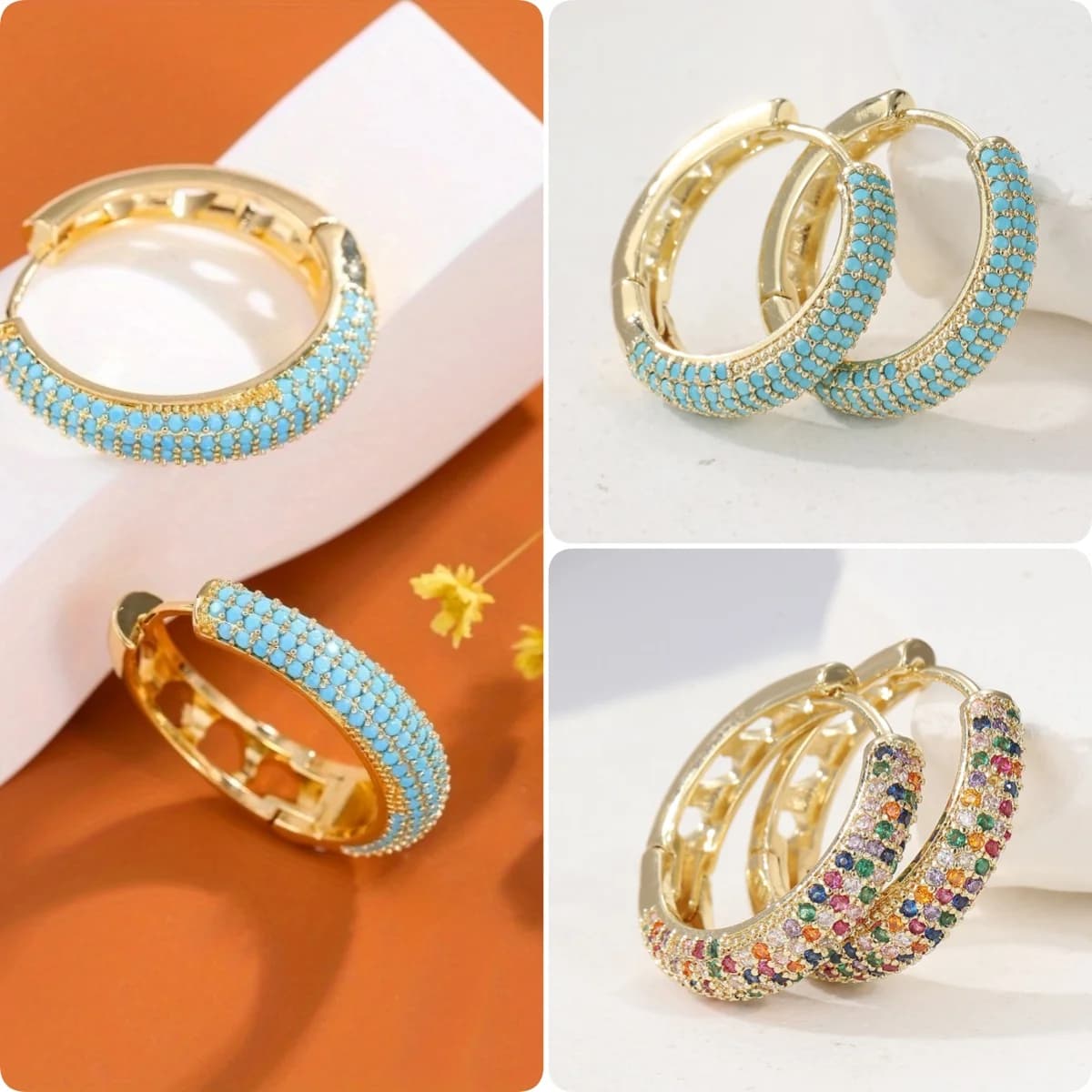 Fashion Sparking Colored Synthetic Zirconia Golden Plated Hoop Earrings for Women's Elegant Daily Versatile Jewelry Accessories