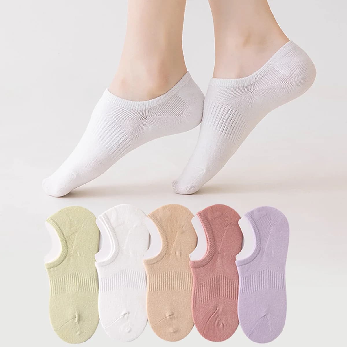 5 paia di calzini invisibili da donna, antiscivolo in silicone, estivi, a taglio basso, tinta unita, morbidi, invisibili.