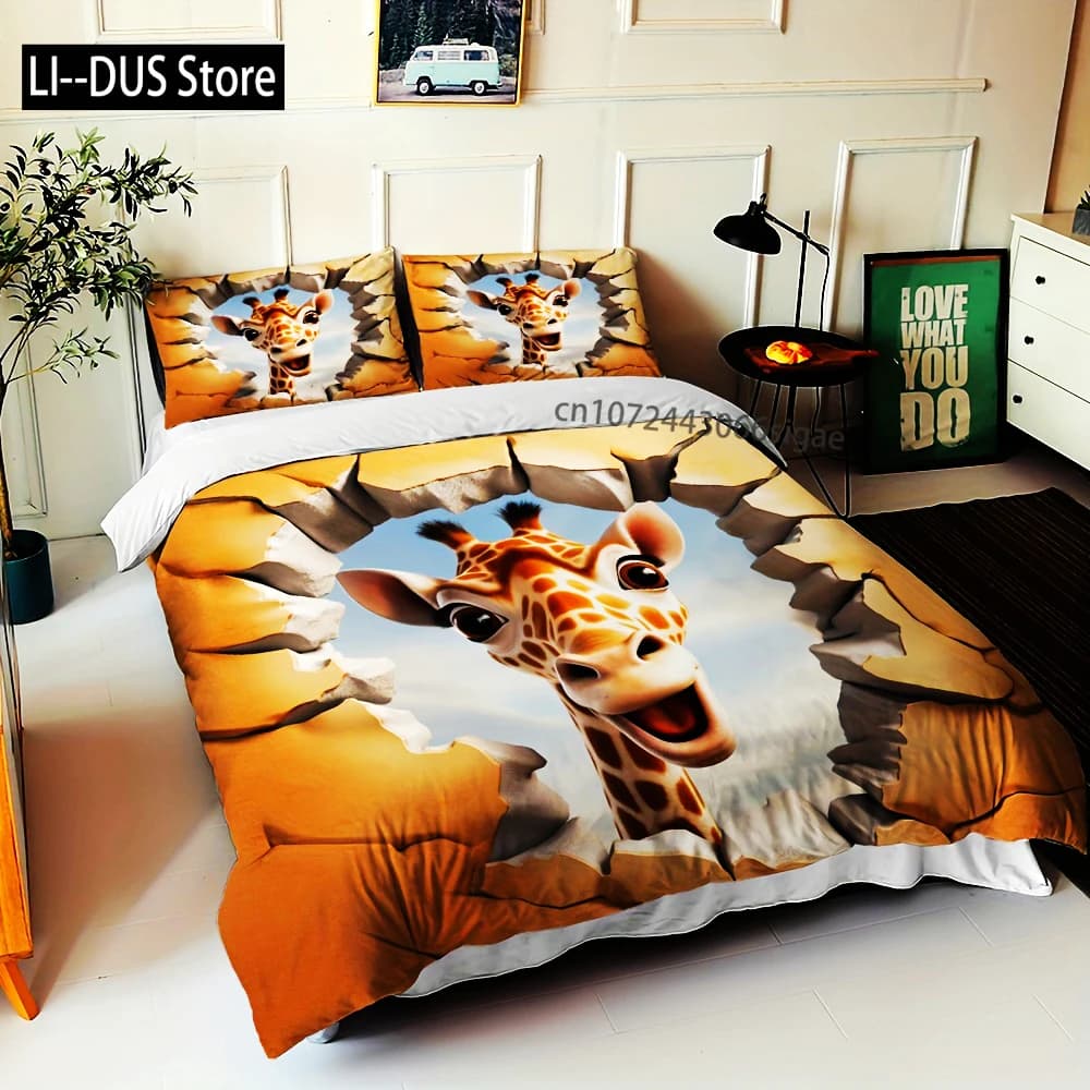 Set copripiumino con stampa giraffa 3D con federa Tema animali Biancheria da letto per tutte le stagioni Tessuto in poliestere Lavabile in lavatrice Stampa digitale