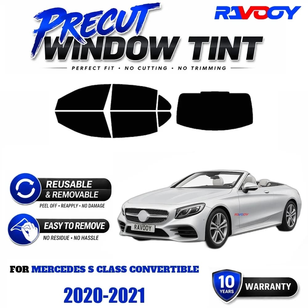Precut Window Tint, Reusable Removable EPU Film, Custom Fit for Mercedes S Class Convertible 2020-2021, UV Heat Protection