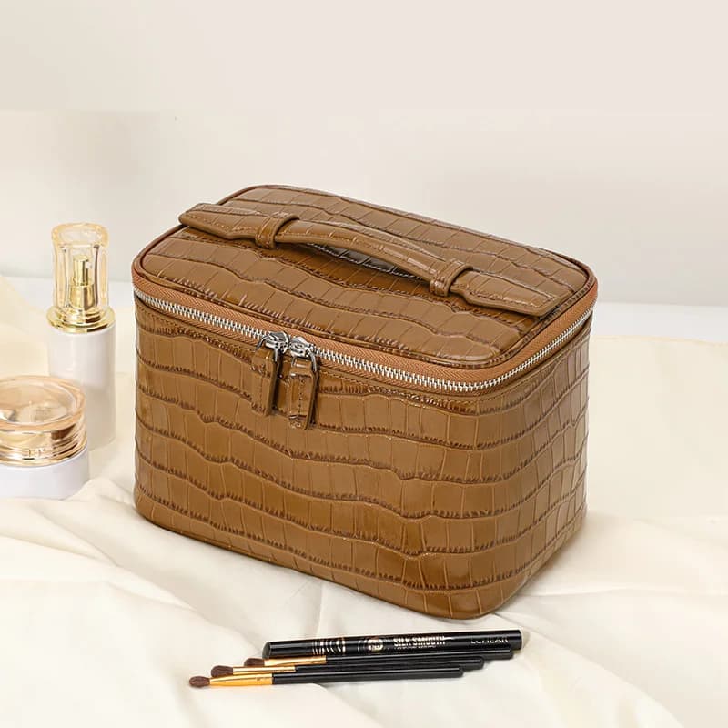 Aidani Genuine Leather Crocodile Pattern Mini Square Bag, Large-Capacity Handheld Makeup Bag, Women's Storage Handbag