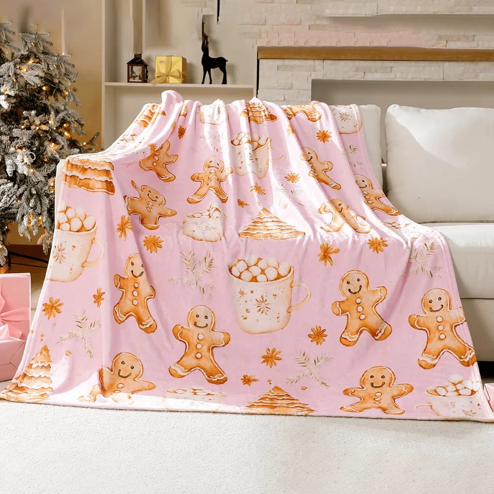 Gingerbread Man Christmas Throw Blanket for Adults Holiday Tree and Cookie Theme for Bedroom Couch Travel Home Decor