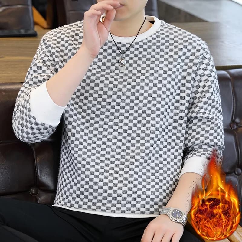 Thickened Flannel Men's Long Sleeve Hoodie round Neck Warm Clothing Autumn Winter Plaid Design Casual Youth Fashion Polyester...